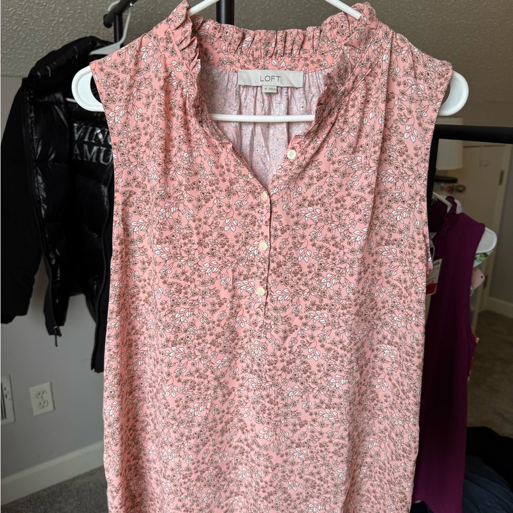 LOFT Blush Floral Ruffle Neck Blouse